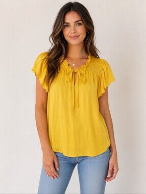 ❤️ MAISON D'AMELIE SATIN RUFFLE NECK TOP, SMOCKED, YELLOW, XS